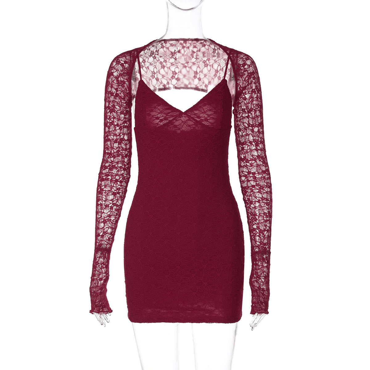 Lace Spaghetti Strap Deep V-Neck Bodycon Mini Bolero Set - View 2