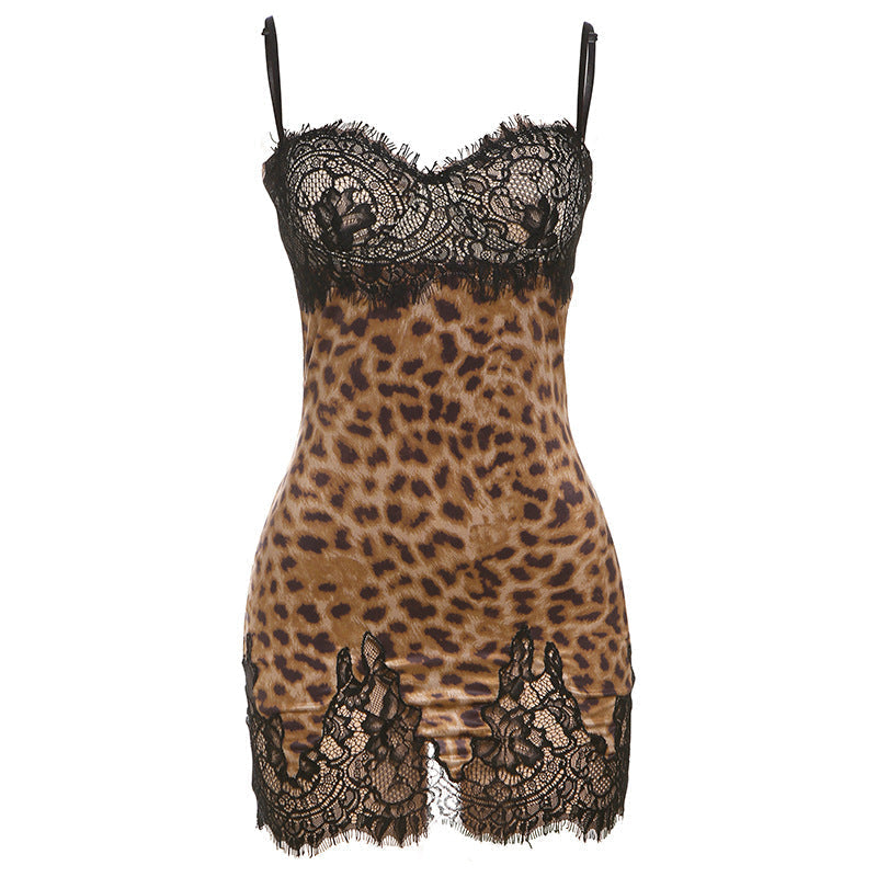 Summer Leopard Print Slim Fit Backless Lace Splicing Sling Dress - View 5
