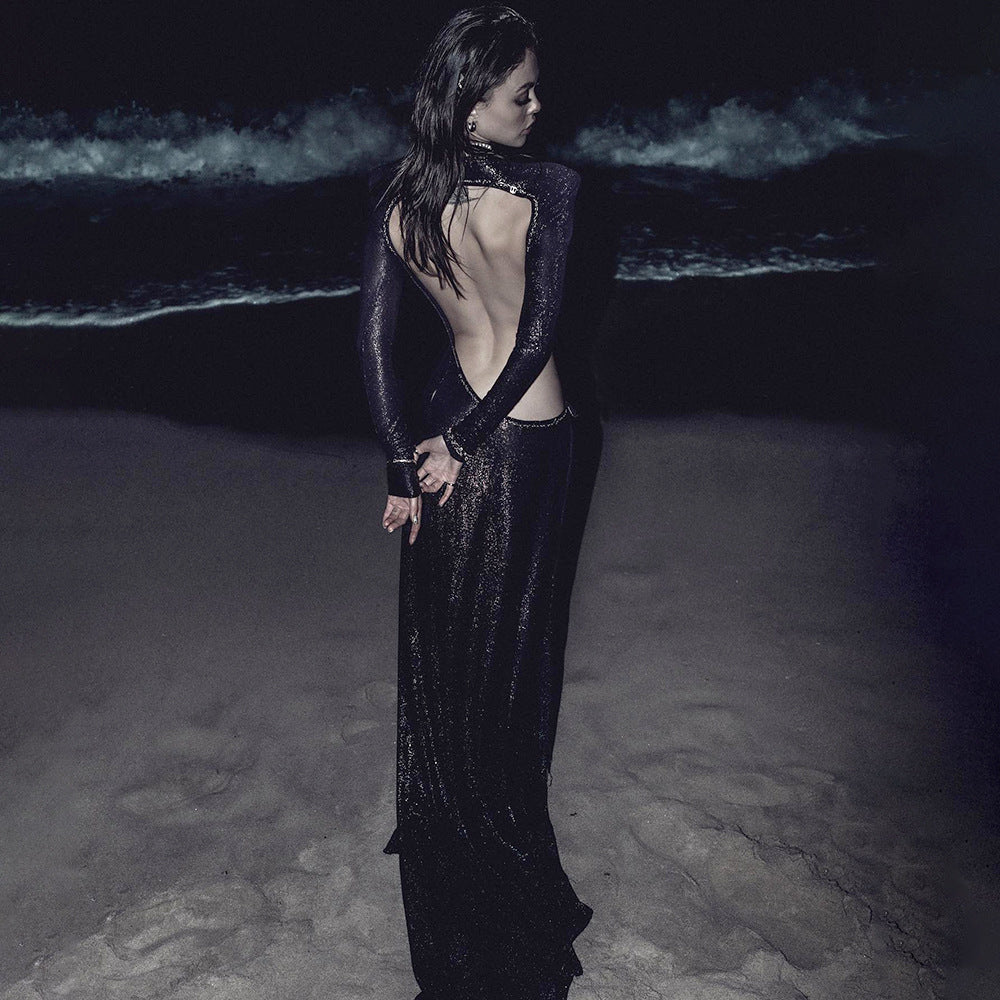 Wear Black Long Sleeve Scorpion Backless Slit Silver Silk Dress - View 3
