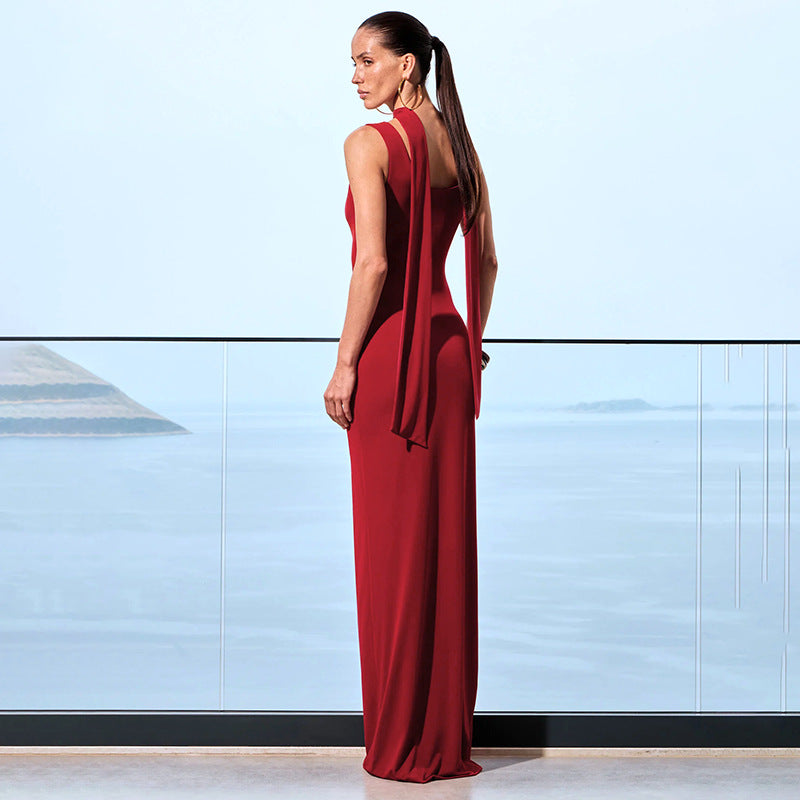 Scoop Neck Keyhole Cut Out Hardware Accent Bodycon Maxi Gown - View 2