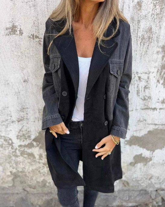 Mid-Length Denim Patchwork Coat with Elegant Suit Collar