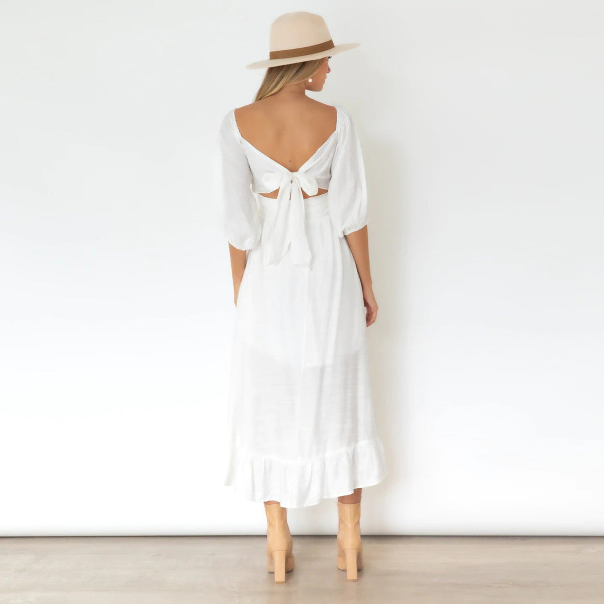 Square Neck Puff Sleeve Empire Waist Midi Dress