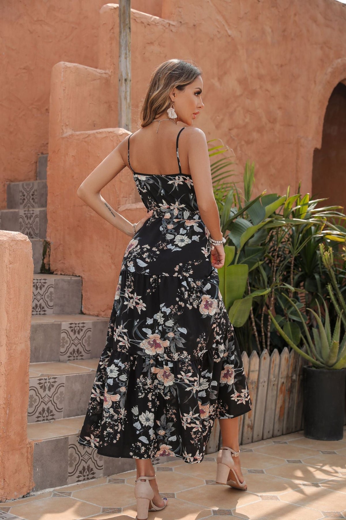 Floral Print Button Front Tiered Maxi Dress