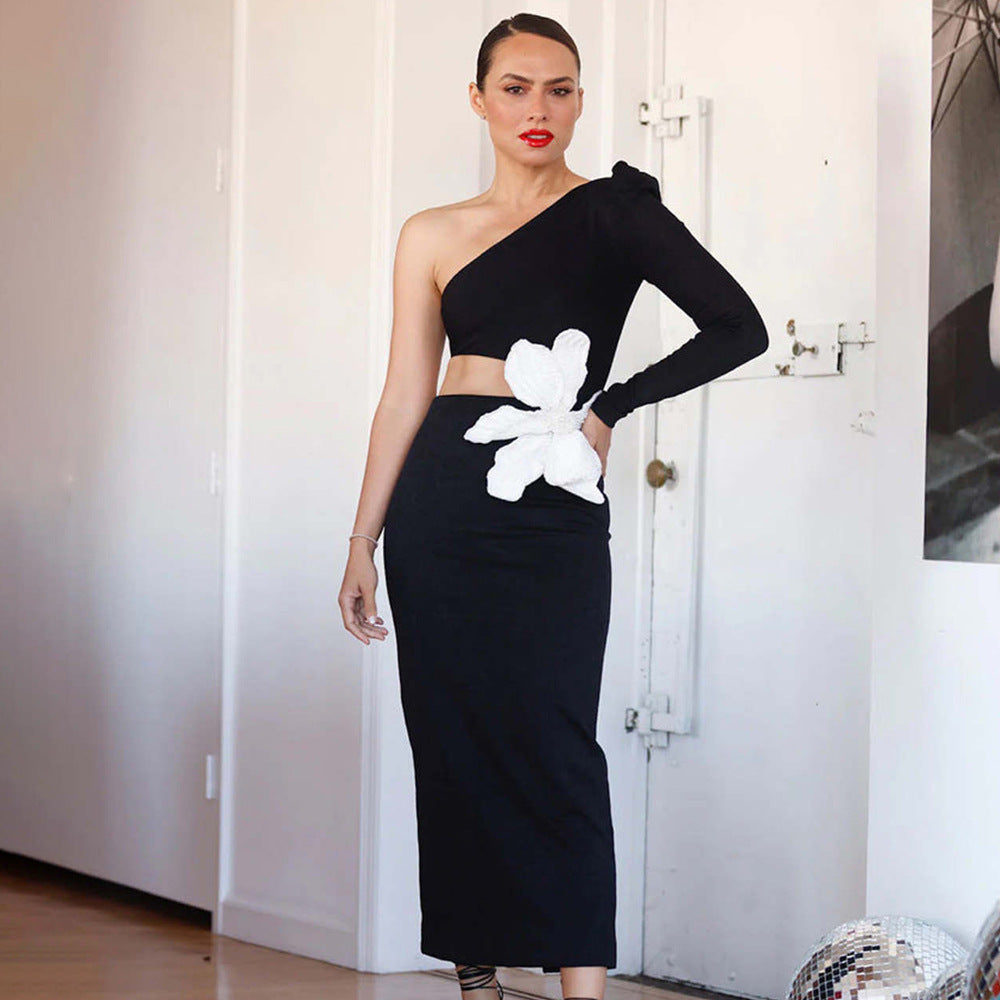 One Shoulder Long Sleeve Cut Out Floral Applique Bodycon Midi Dress