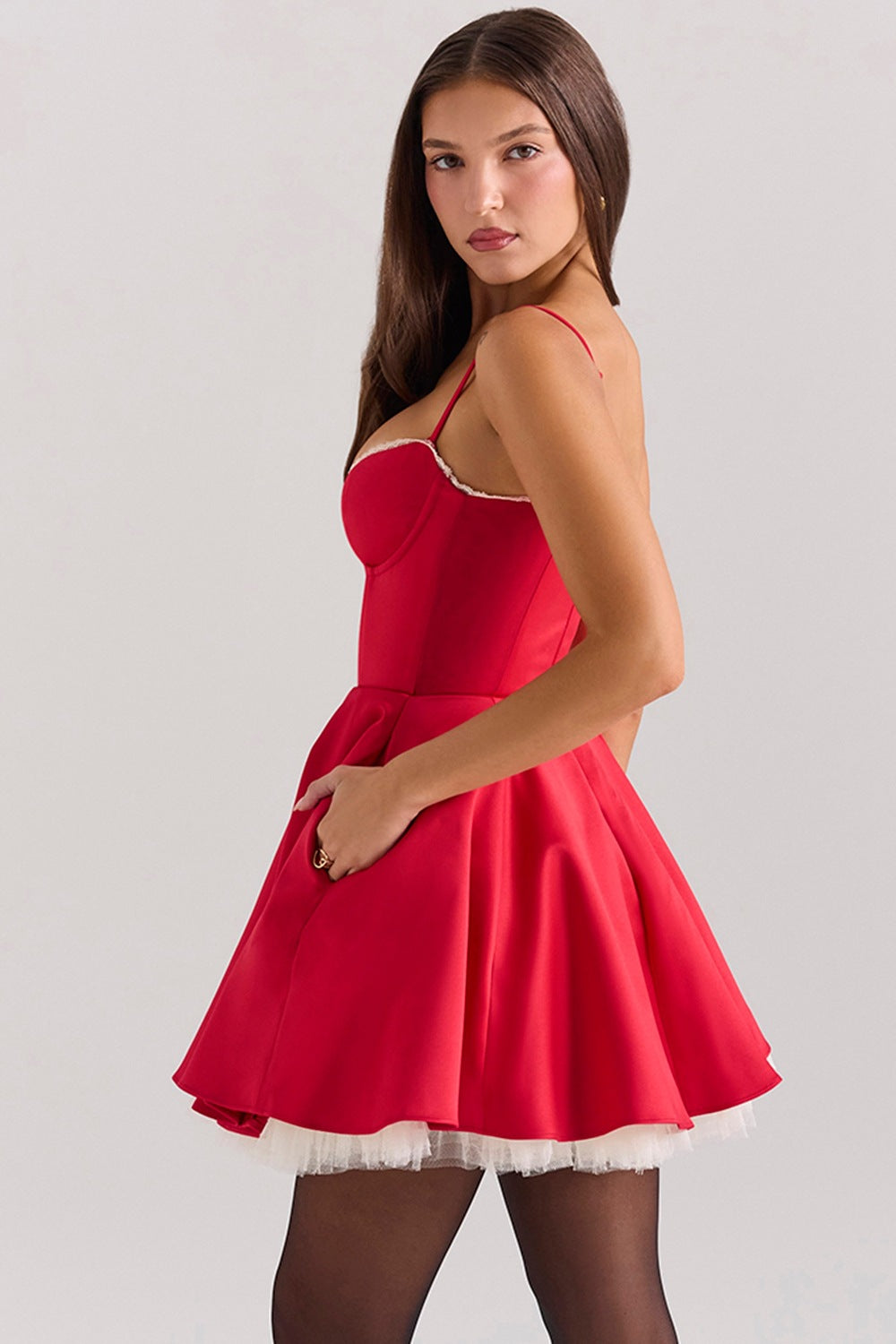 Satin Sweetheart Lace Trim Tulle Mini Dress 28