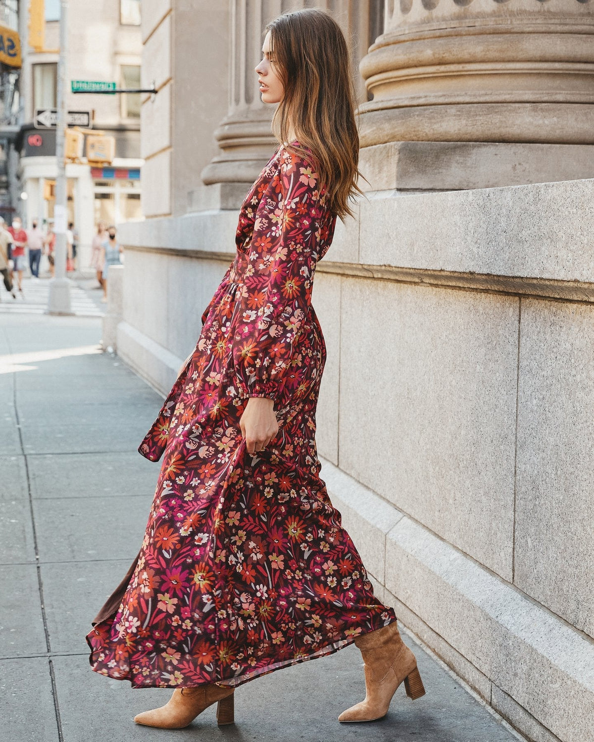 Floral Print V-Neck Long Sleeve Wrap Split Maxi Dress