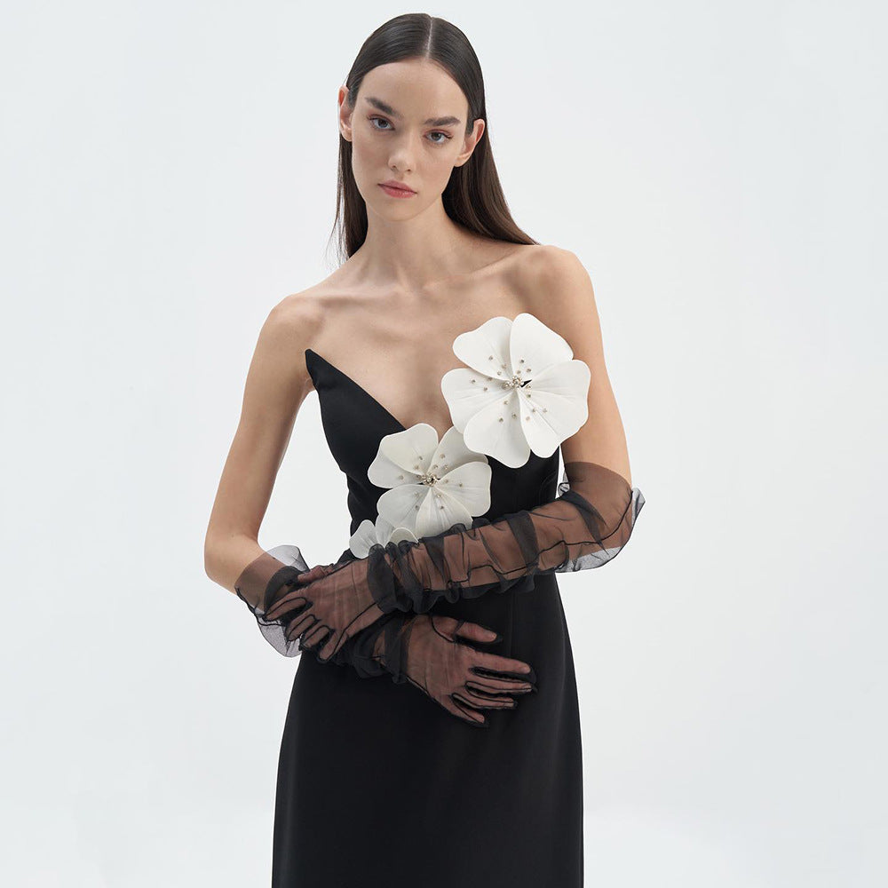 Strapless 3D Floral Applique Column Maxi Gown - View 3