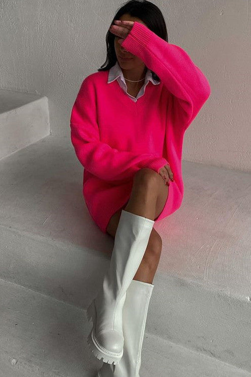 ShoptheCIC Bright Solid Color Loose Knit Sweater Dress