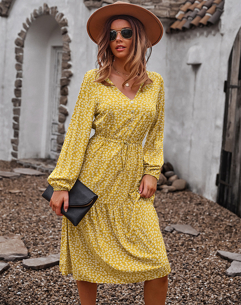Floral Print V-Neck Long Sleeve Wrap Tiered Midi Dress