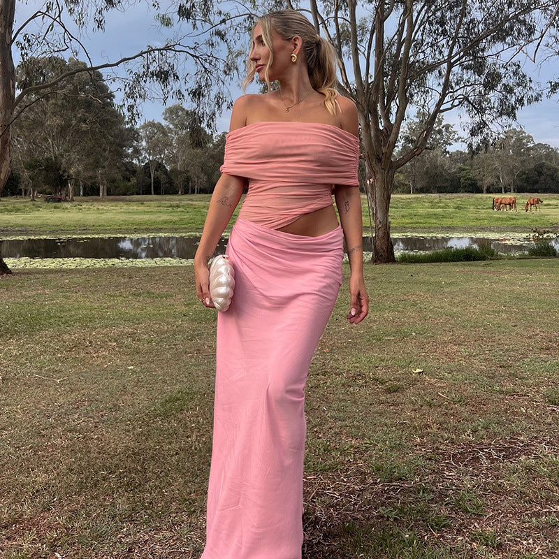 Off Shoulder Ruched Asymmetric Drape Hip Maxi Gown - View 4