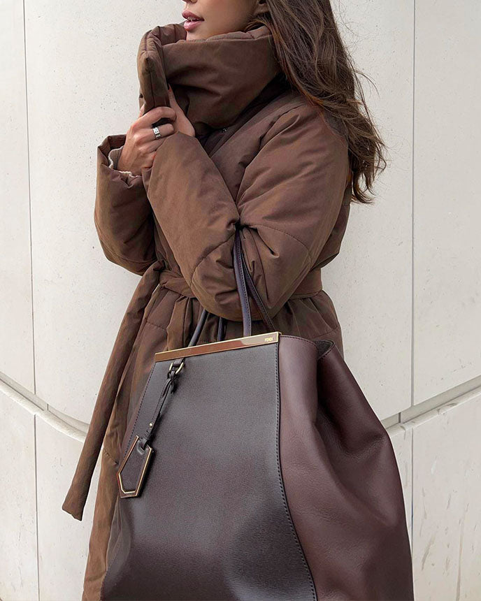 Elegant Long Cotton Coat with Large Lapel and Belt