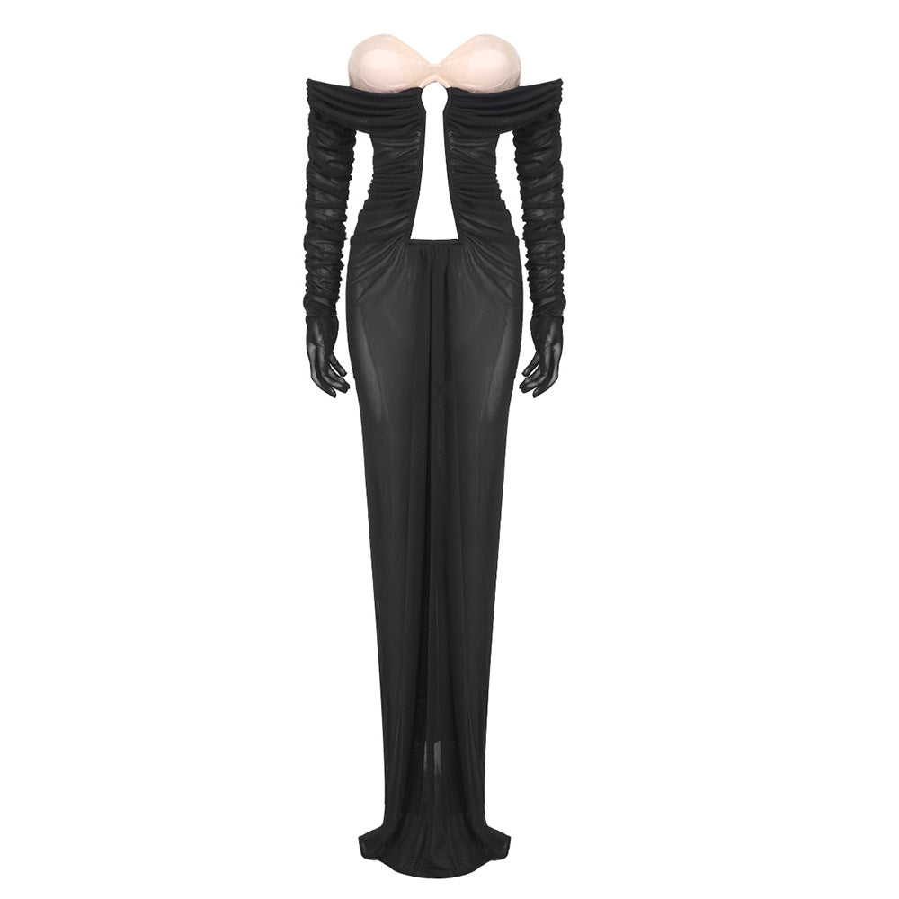 Mesh Off Shoulder Midriff Cut Out Ruched Integrated Maxi Gown - View 2