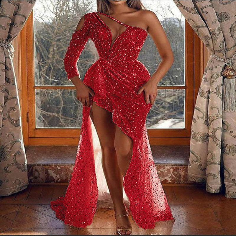 Sequin One Shoulder Cut Out Long Sleeve Beaded High Split Maxi Gown - View 4