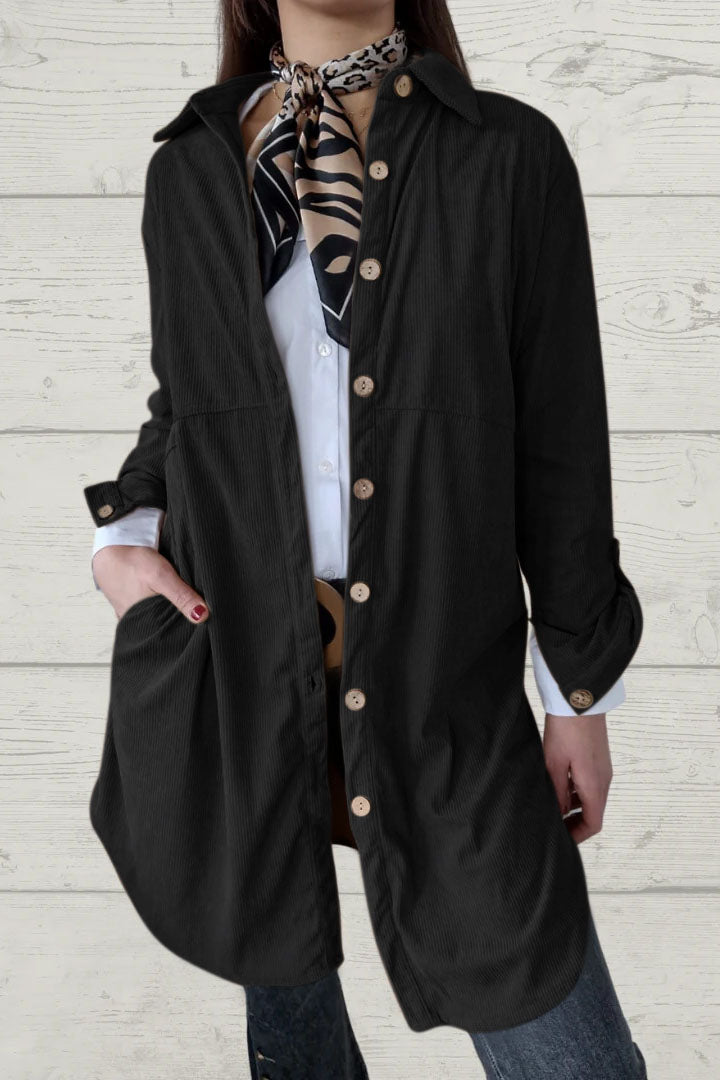 Lapel Pocket Corduroy Mid-Length Coat for Sophisticated Style