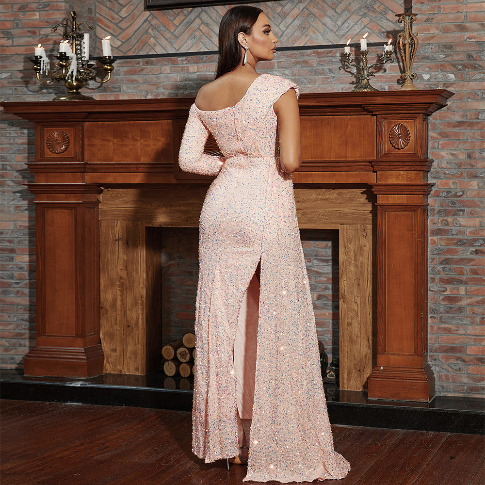 Long Sleeved Elegant Long Sequined Diagonal Collar Backless Cocktail Evening Dress Bridesmaid Dress - Fashionpara