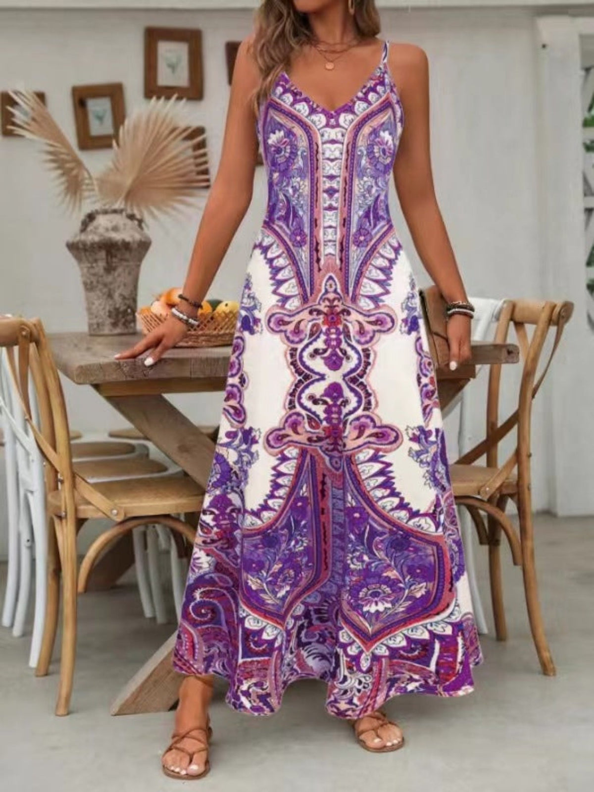 V-Neck Spaghetti Strap Paisley Print Maxi Dress 4