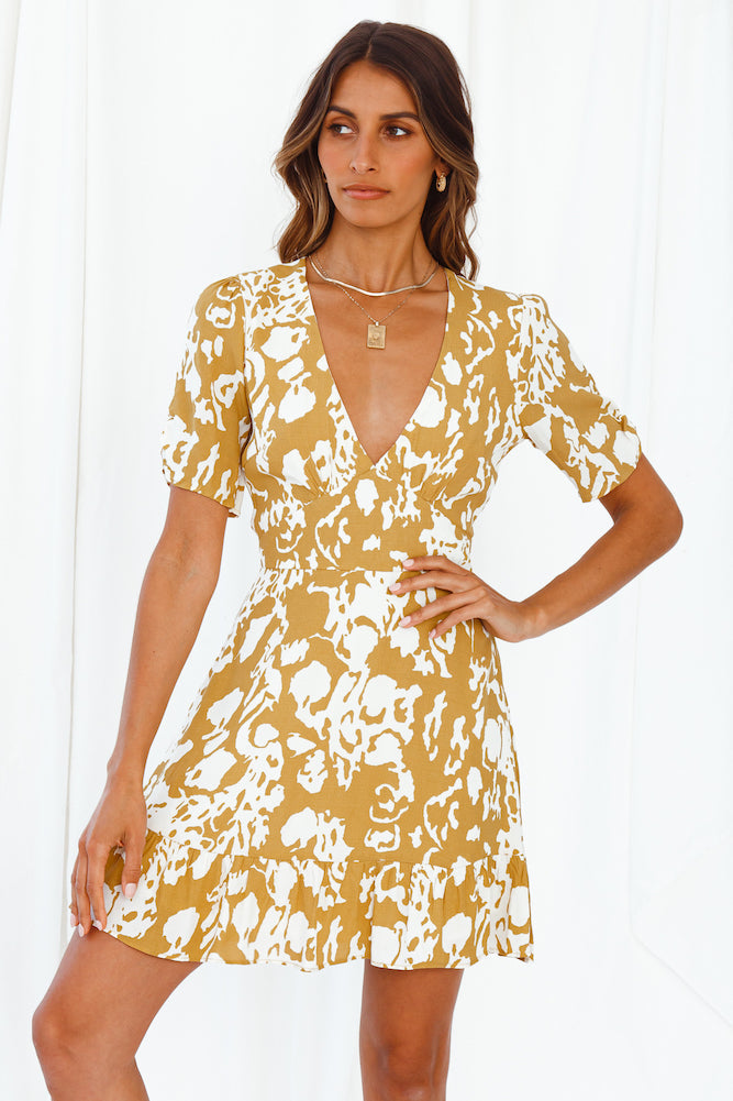 Printed V-Neck Puff Sleeve Fit & Flare Mini Dress