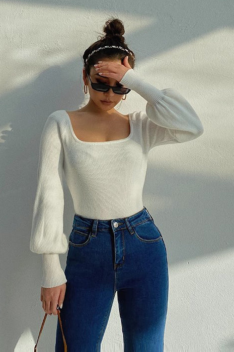Elegant Ribbed Crop Sweater with Scoop Neck by Orro Shop
