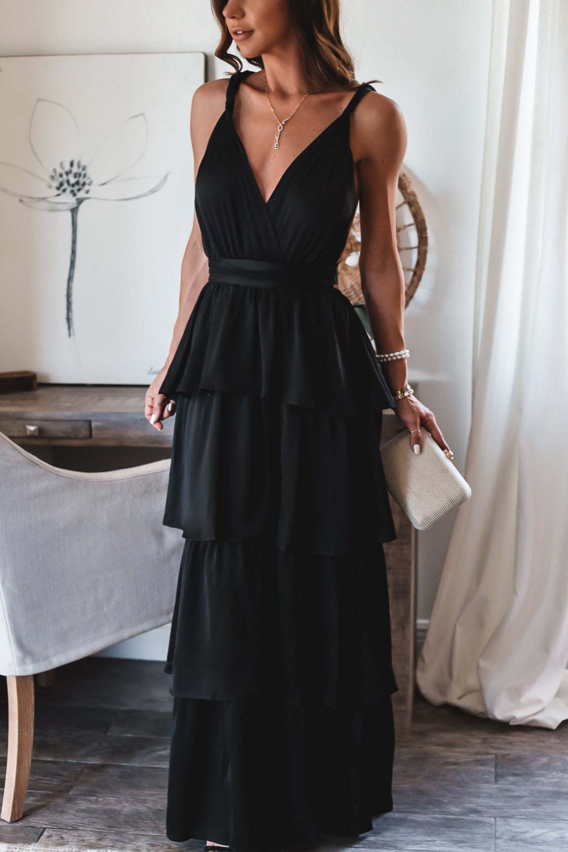 Formal Introduction Ruffle Tiered Maxi Dress - Black - Fashionpara