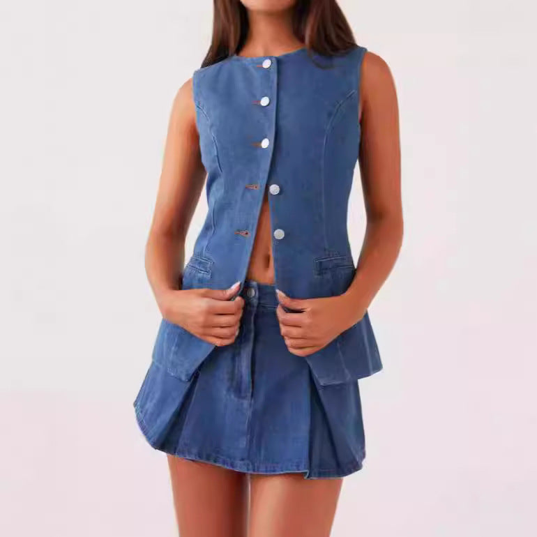 Fashionable Casual Sleeveless High-Waist Skirt Suit