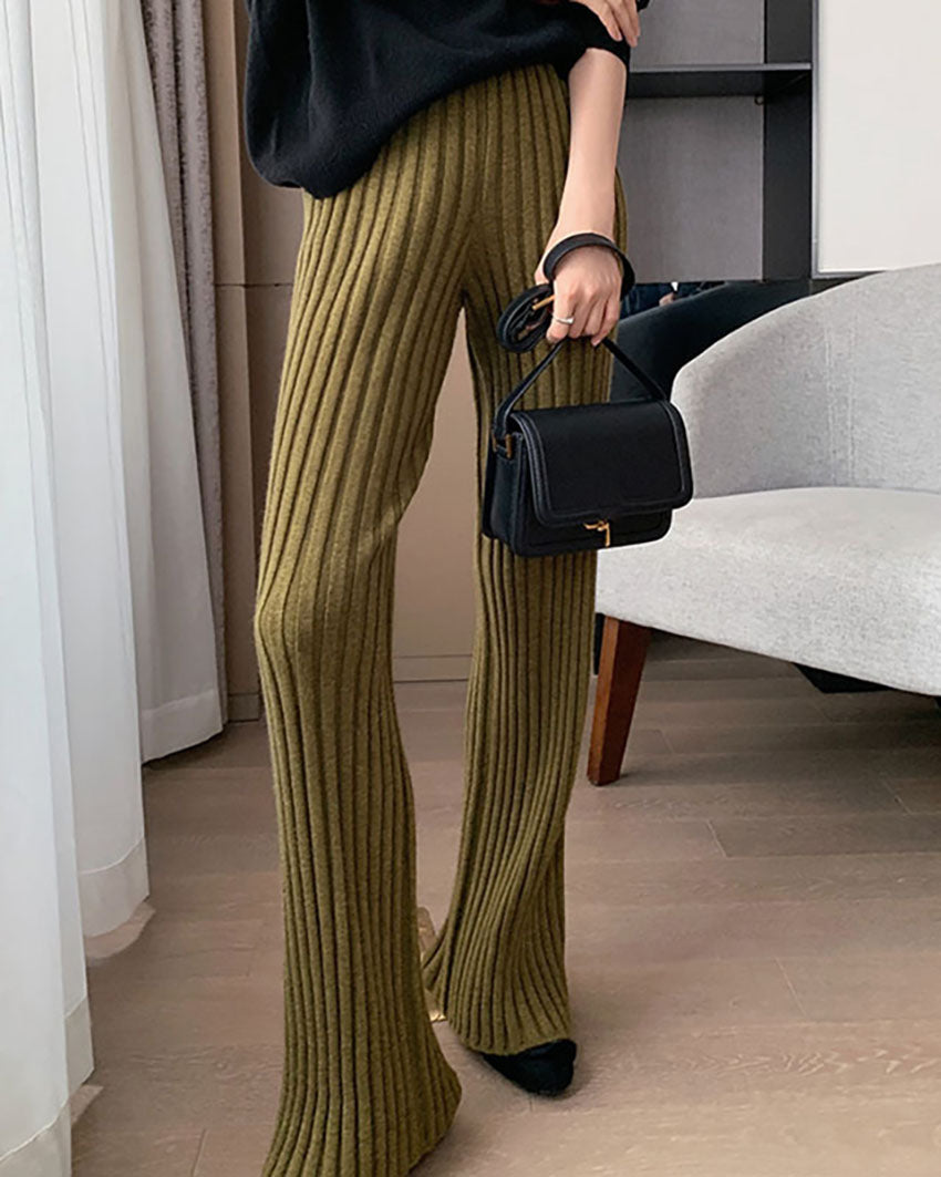High-waisted draped pitted straight-leg loose knit trousers - Fashionpara