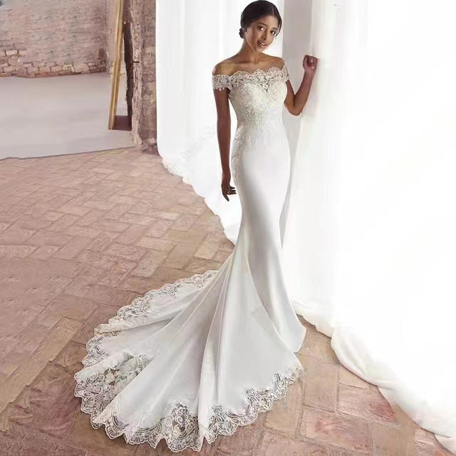 Off-Shoulder Satin Lace Mermaid Wedding Dress