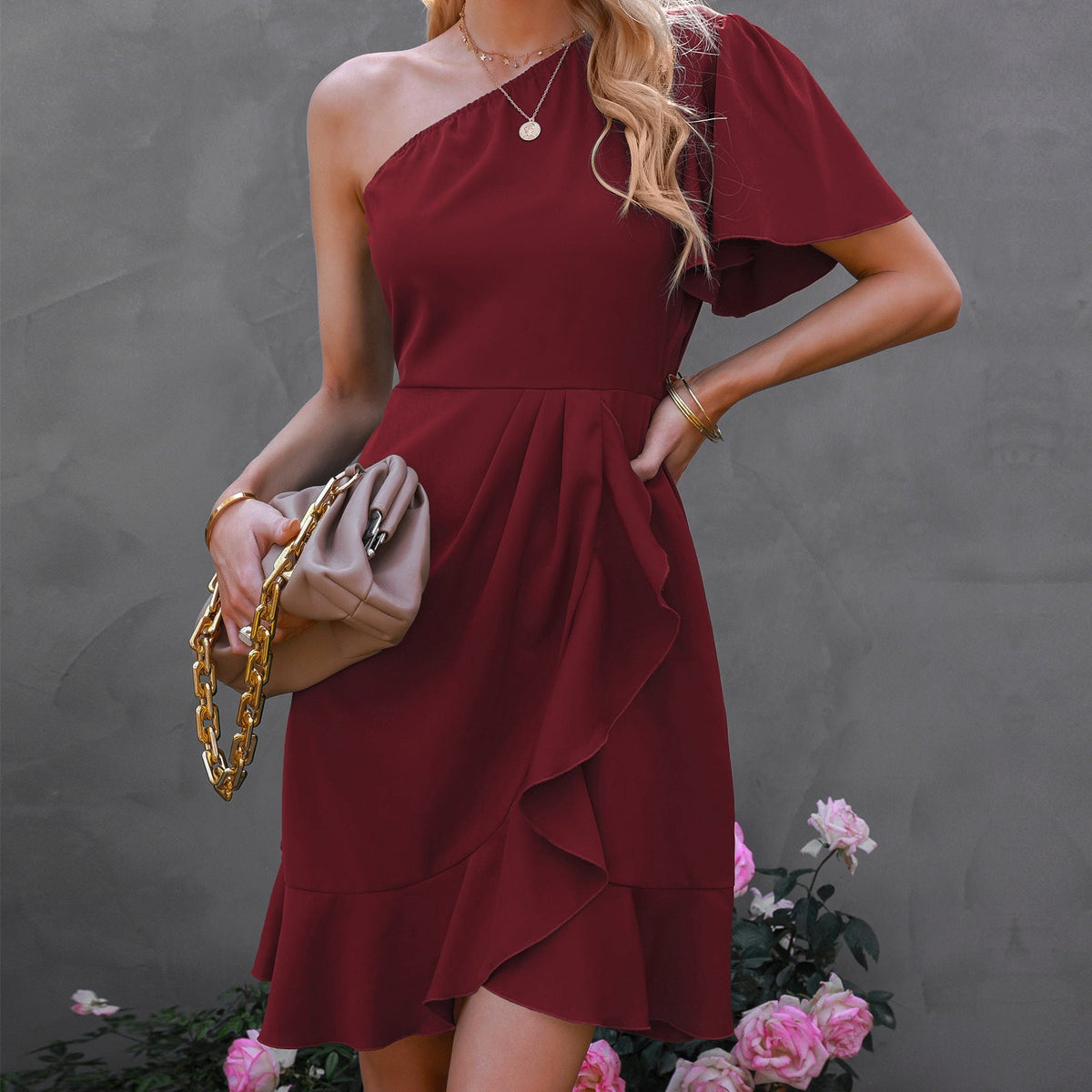 One Shoulder Ruffle Fit & Flare Mini Dress