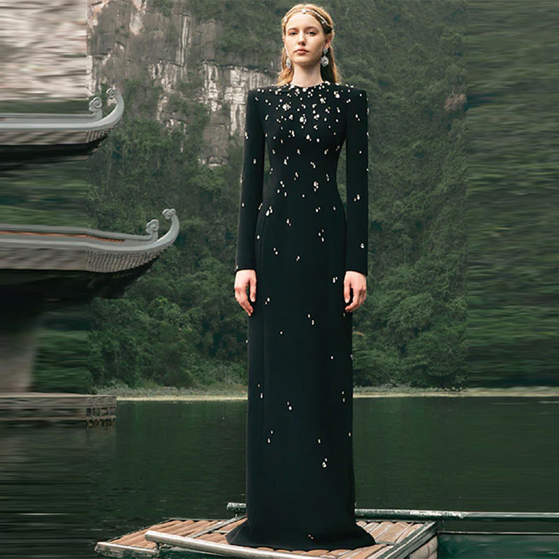 Elegant Heavy Industry Beads Diamond Long Sleeve Dress Formal Dress - Fashionpara