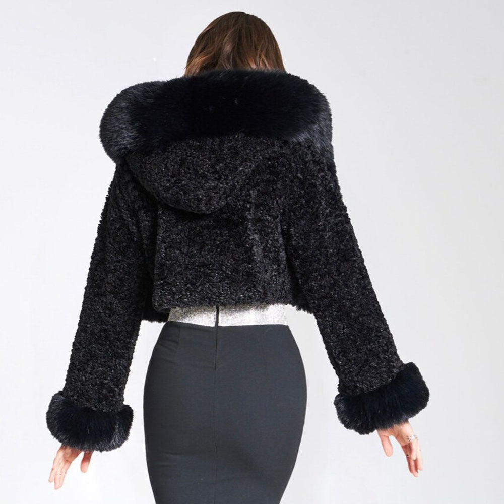 Solid Thickened Fur Collar Cropped Coat