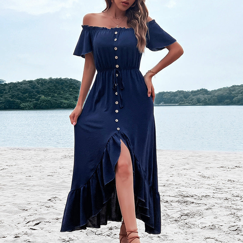 Off Shoulder Short Sleeve Button Front Ruffle Maxi Dress