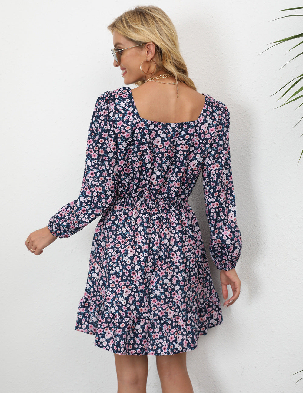 Floral Print Square Neck Long Sleeve Smocked Mini Dress