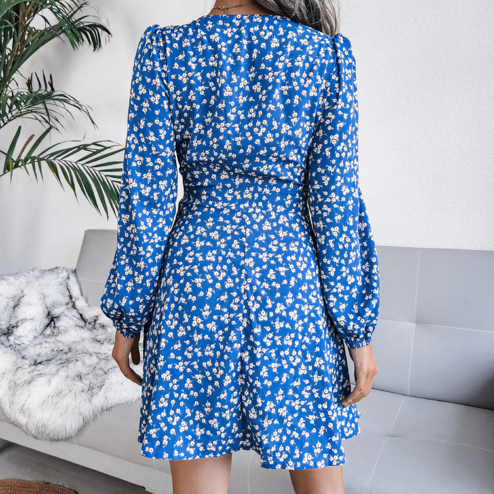 Ditsy Floral V-Neck Long Sleeve Wrap Mini Dress