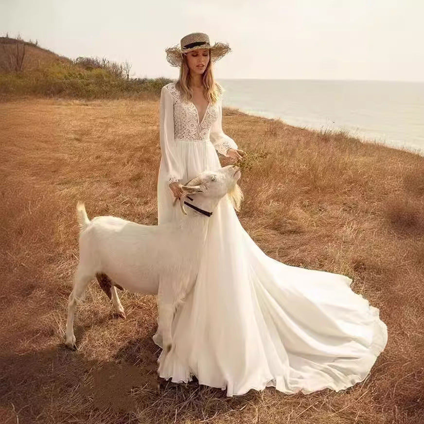 Deep V-Neck Long Sleeve Bridal Wedding Dress