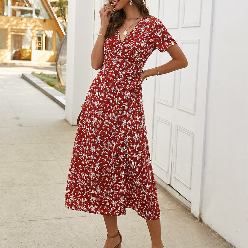 Floral Print V-Neck Flutter Sleeve Wrap Midi Dress