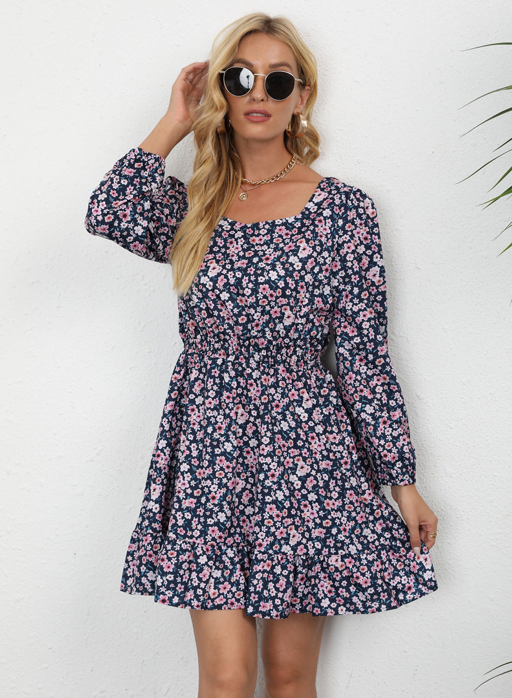 Floral Print Square Neck Long Sleeve Smocked Mini Dress