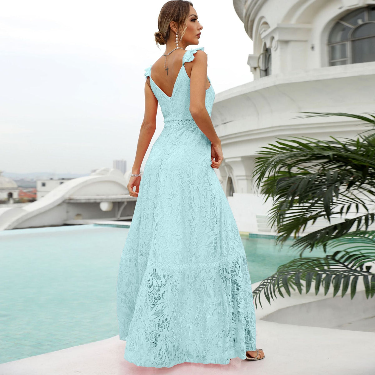 Lace V-Neck Ruffle Strap A-Line Maxi Gown