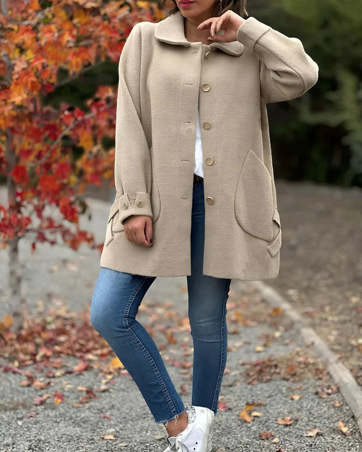 Stylish Large Pocket Side Bow Woolen Coat for Chic Looks