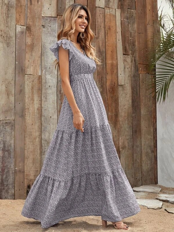 Floral Print V-Neck Flutter Sleeve Smocked Tiered Maxi Dress