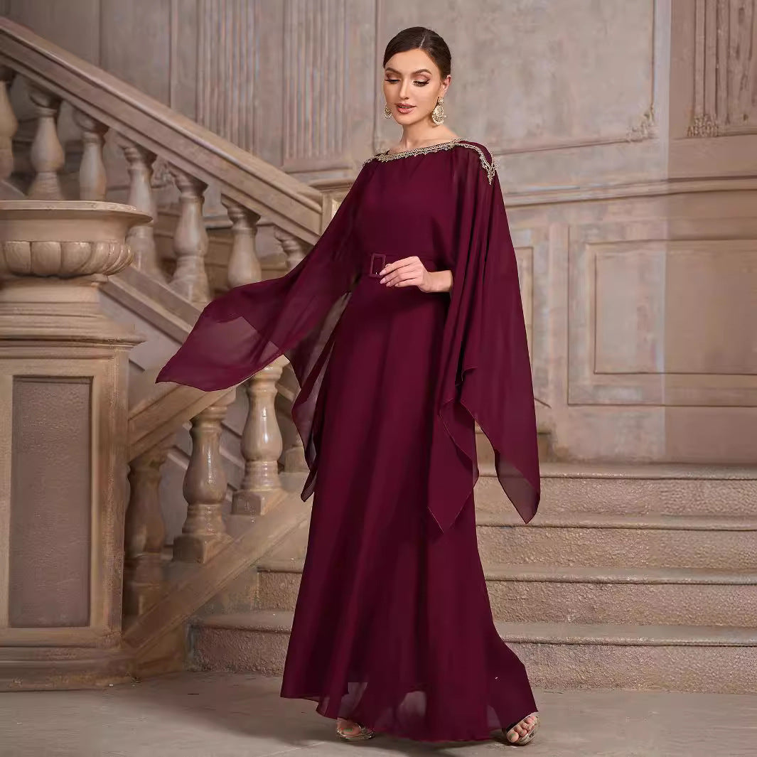 Solid Color Shawl Sleeve round Neck Belt Chiffon Elegant Cocktail Evening Dress - Fashionpara