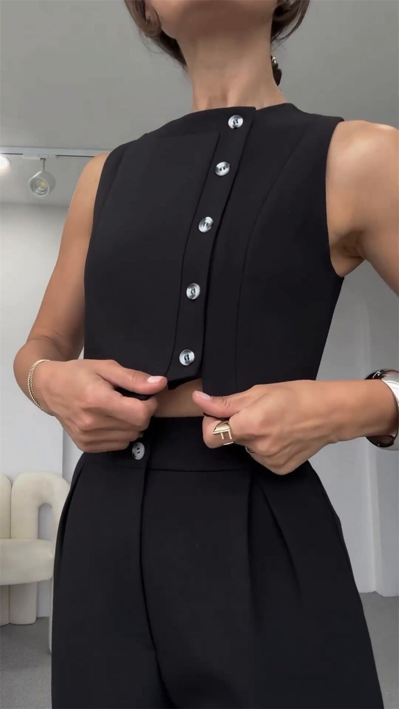 Chic Sleeveless Button-Down Coat with High-Waisted Pants Set