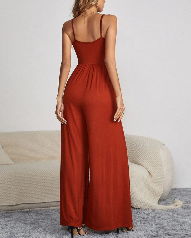 Solid Color Camisole Button-up Top Wide-leg Jumpsuit - Fashionpara