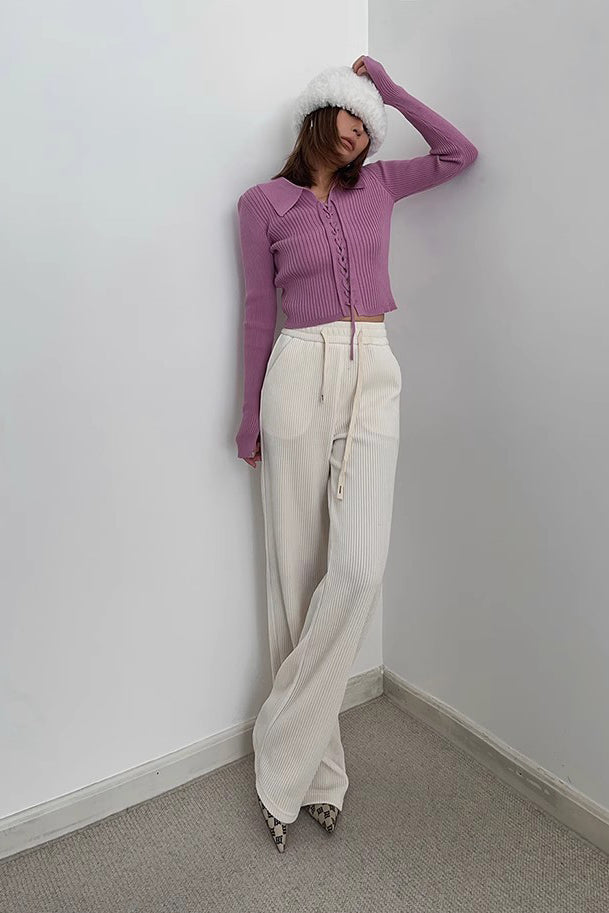 Rib-Knit Lace-Up Sweater Cardigan for Stylish Comfort