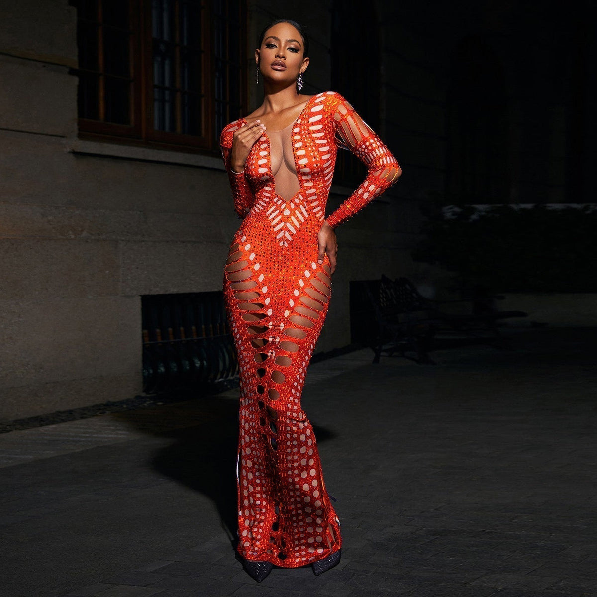 Sequin Deep V-Neck Mesh Panel Lattice Cut Out Long Sleeve Maxi Gown - View 3