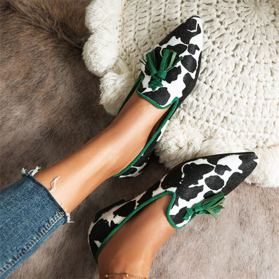 Pointed-toe Fringe Leopard Contrast Mules