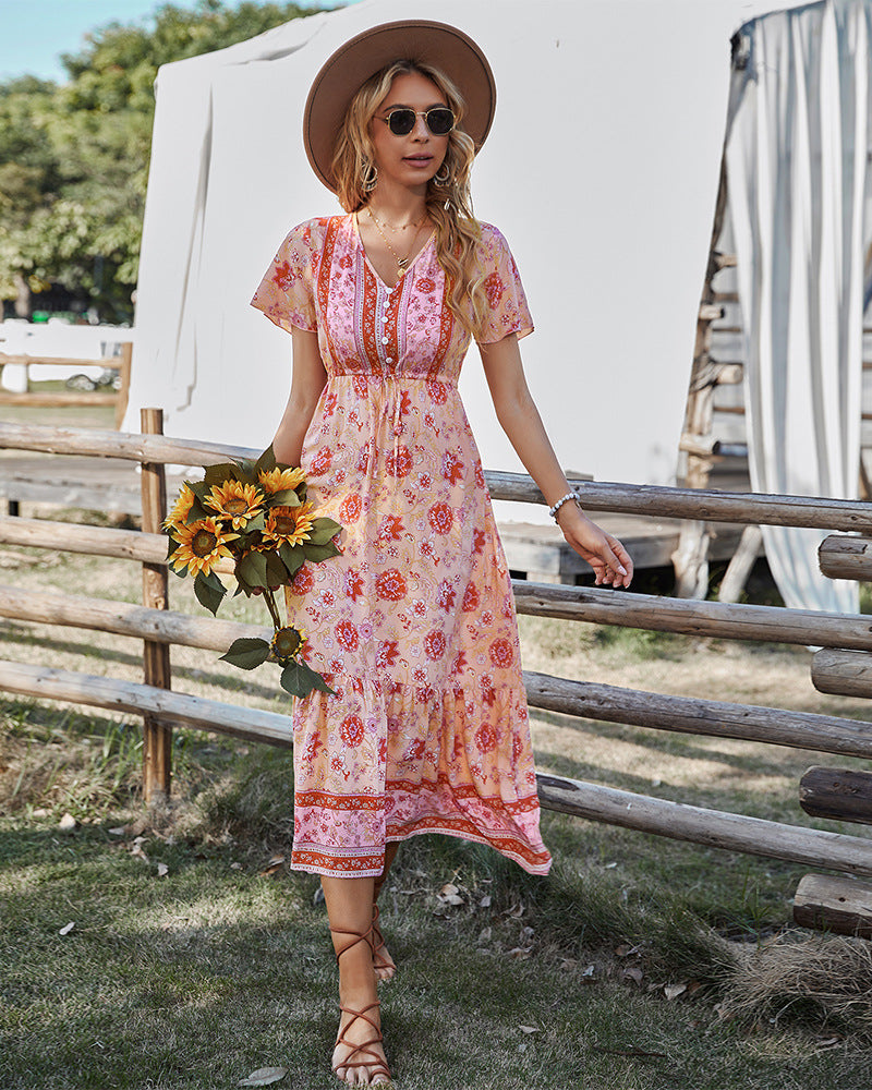 Floral Print V-Neck Flutter Sleeve Tiered Midi Dress
