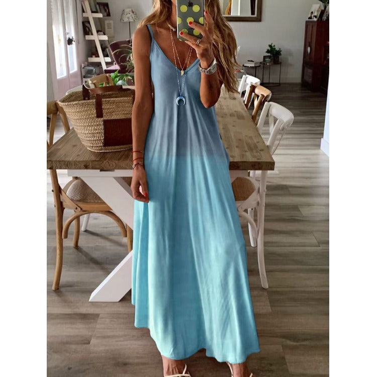 Ombre V-Neck Sleeveless A-Line Maxi Dress