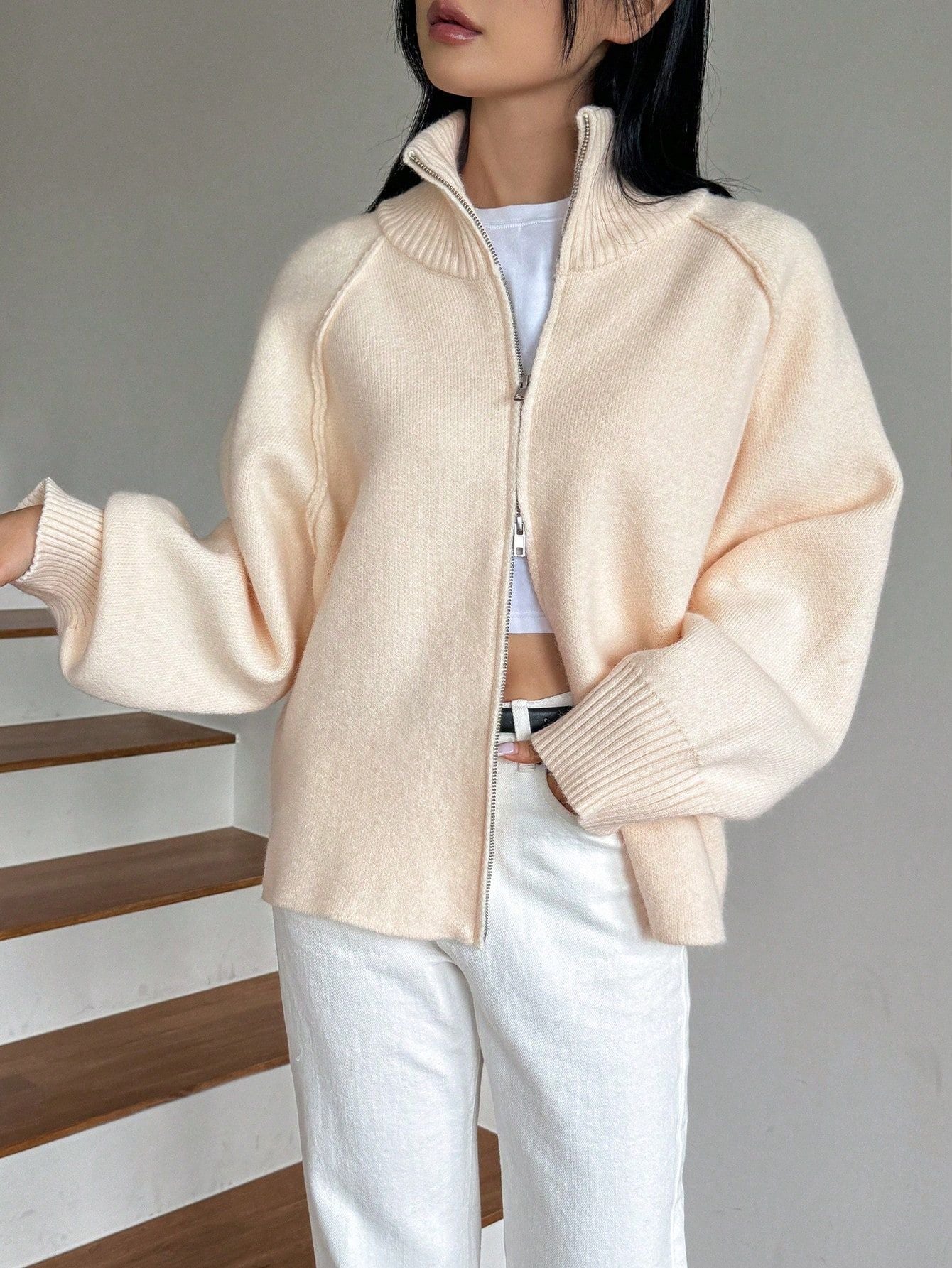 Cozy Zippered Knitted Cardigan with Stand Collar Design