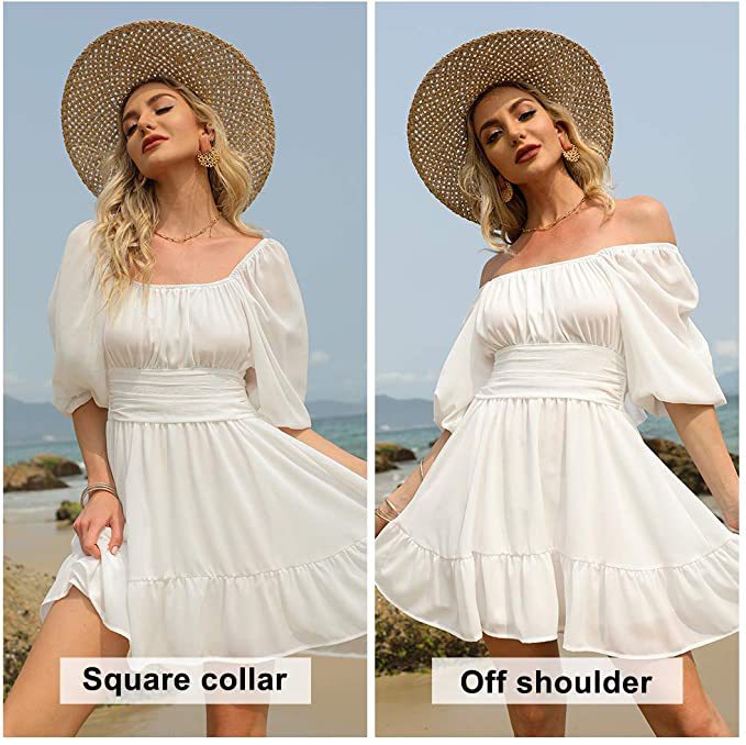 Satin Square Neck Puff Sleeve Ruffle Mini Dress
