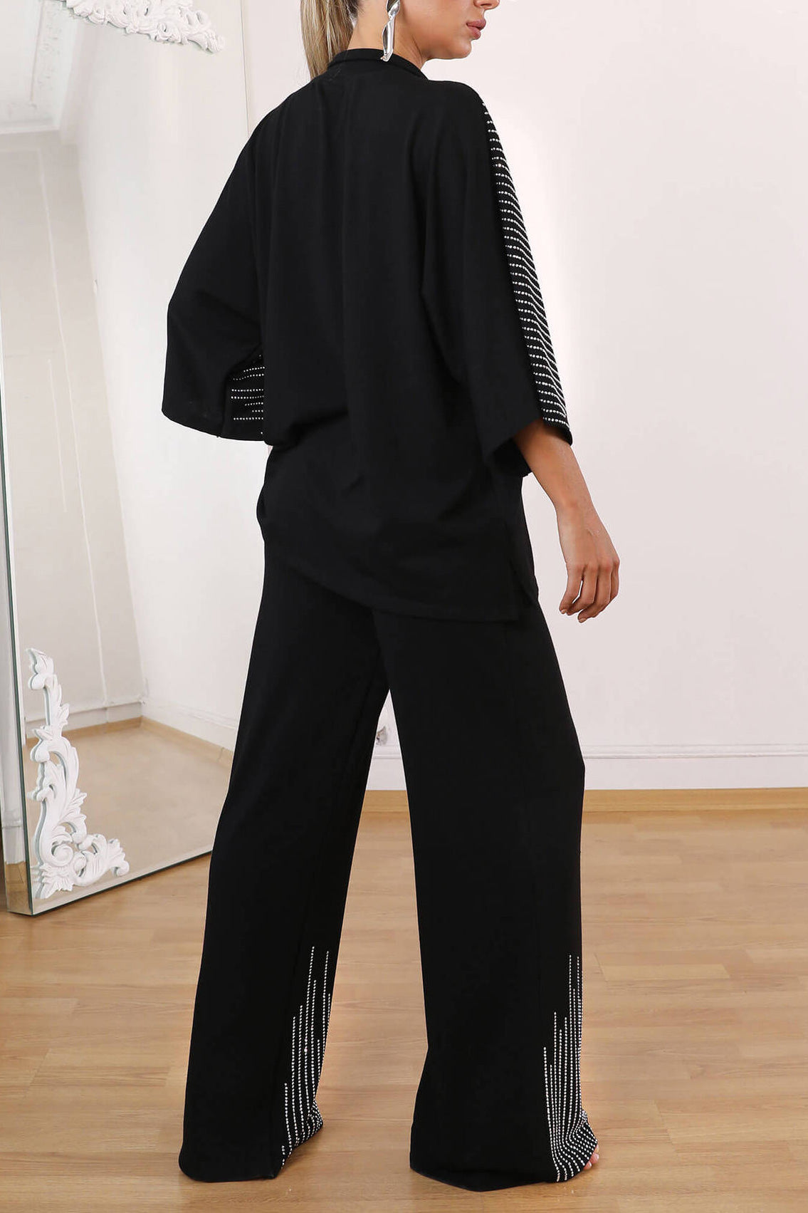Rhinestone three-quarter sleeve top and wide-leg pants two-piece set