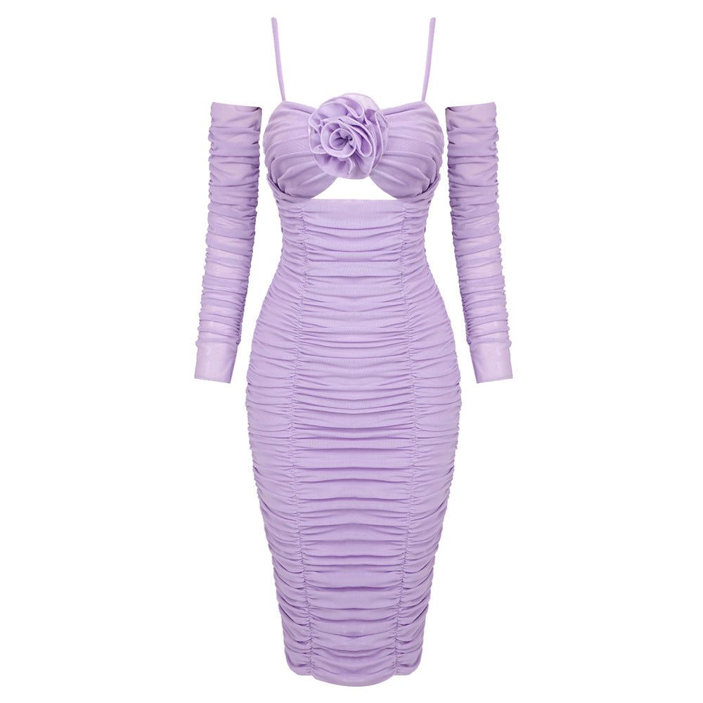 Purple Long Sleeve Dress Slim One Neck Sleeve Floral Tulle Dress - View 2